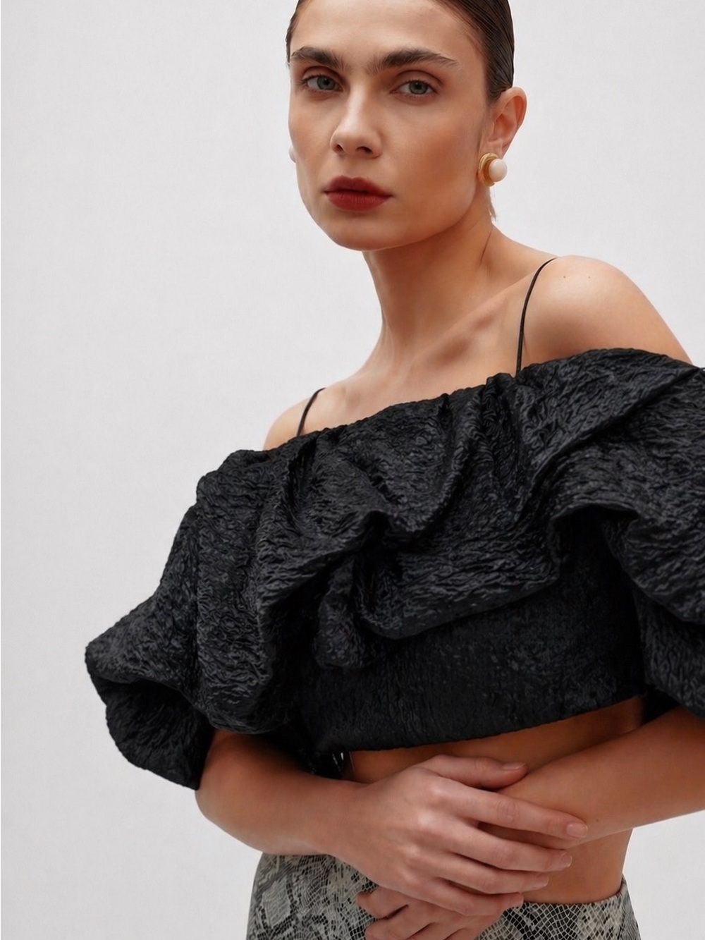 Zara Black Textured Ruffle Crop Top Off Shoulder Party NWT Size S